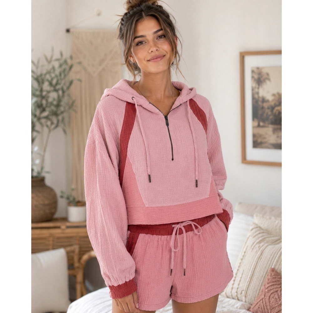Avec Les Filles Hoodie Women Small Pink Boho Gauze Cropped Gorpcore